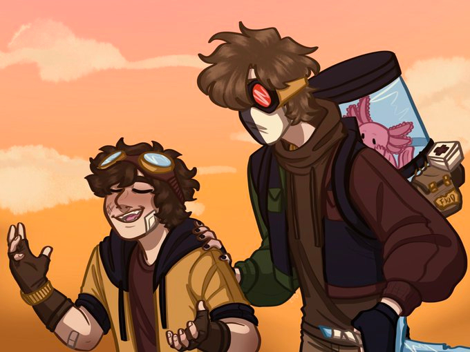 This is a drawing of Tubbo and Ranboo. Tubbo is talking while Ranboo stands behind him with a hand on Tubbo's shoulder. Both are wearing pilot's goggles and leather jackets. Ranboo is wearing a backpack with a tank on the back containing a pink axolotl. The background is a pink and yellow sunset.