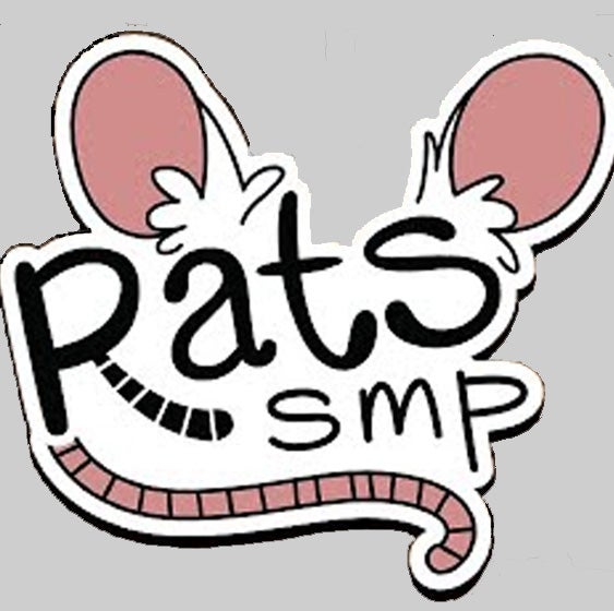 The Rats SMP log has its words written in a cartoony font with the R from Rats making a black and white rat tail. The words sit on a furry white oval that has large pink rat ears and a long pink tail wrapping underneath.