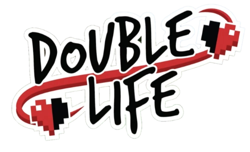 The Double Life logo has the words Double Life written in chalky black lettering outlined in white over a red swirl connecting two Minecraft hearts. Each of the hearts only have half of it filled in, implying the heart only has half a life.