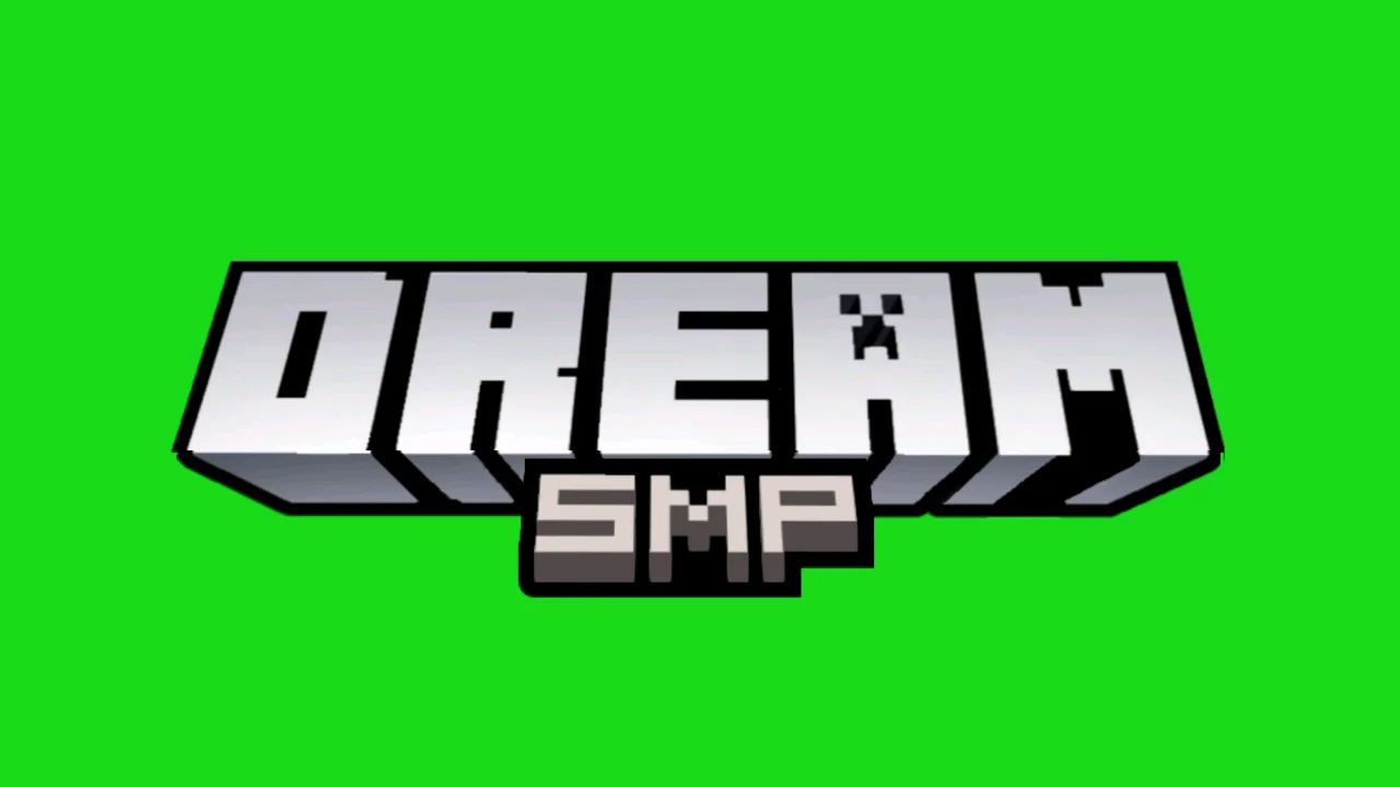 a logo of the Dream SMP written in Minecraft font over a lime green background.