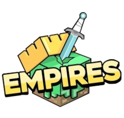 The Empires SMP logo contains the word Empires written in yellow blocky font over a stylized drawing of a Minecraft grass block. A yellow square crown balances on the back edge of the block while a stylized diamond sword pokes out of the middle of the block.