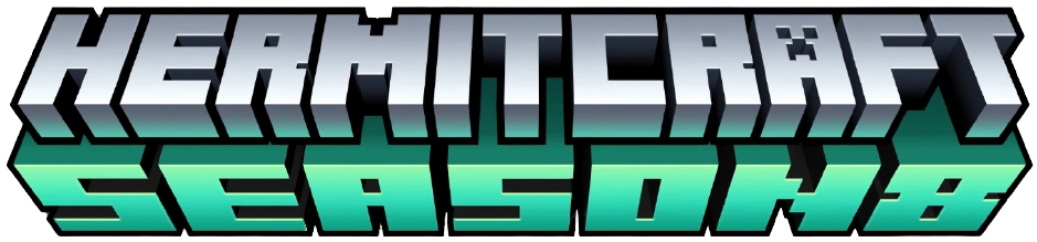 The Season 8 Hermitcraft logo written in Minecraft font. Hermitcraft is written in grey and points upwards while Season 8 is written in teal and points downwards. There is a significant shadow where the two lines of text meet.