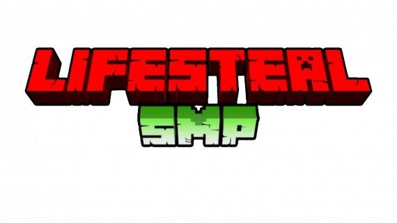 This is the Lifesteal SMP logo. It reads Lifesteal in red text and SMP in green text underneath it at. Both words are in the same Minecraft font.