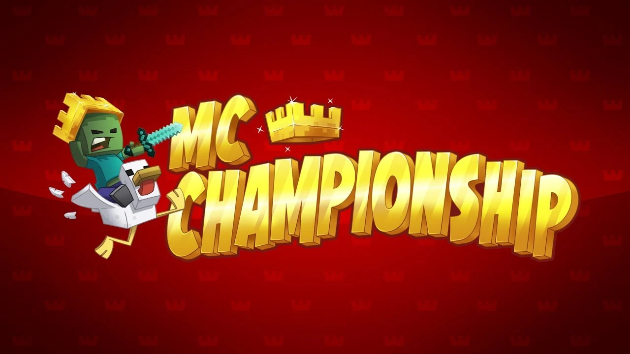 The Minecraft Championship logo with the words MC Chamionship written in shiny gold text under a golden crown. A baby zombie rides a chicken, screaming, pushing a different golden crown out of his eyes, and pointing a diamond sword at the golden text.