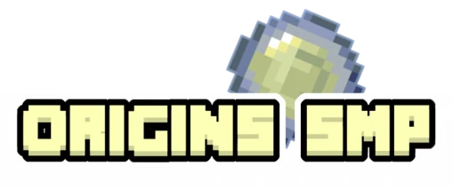 The Origins SMP logo is very simple. It has pastel yellow text reading Origins SMP in a pixelated font surrounded by a black border. A grey, green, and purple orb sits behind it, reminiscent of a Minecraft ender pearl. The orb is from the Origin mod's logo.