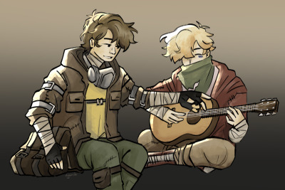 This is a drawing of sbi-Wilbur and sbi-Tommy. Both are wearing apocalyptic versions of their outfits from the Dream SMP. Tommy sits on the right with his legs crossed playing a guitar. A green bandana is covering his nose and mouth. Wilbur sits on his right, reaching out for the guitar. He has a gas mask hanging around his neck and carries a brown strapped bag on his right.