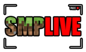 The SMP Live logo is very simplistic. The letters S M and P are colored in to look like Minecraft grass while the word Live is in the same bold font but are colored solid red. The words are centered by four white corners reminiscent of an old camera's borders. A red dot and the word rec, short for recording, is pushed into the top right corner.