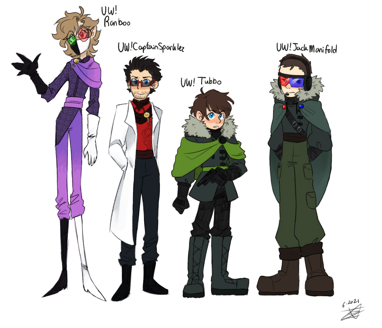 This is a drawing of the characters from Voltz Wars, Ranboo, Captain Sparklez, Tubbo, and Jack Manifold. Ranboo and Captain Sparklez are wearing futuristic scientific wear while Tubbo and Jack are wearing pilot suits and furs, reminiscent of old military uniforms.
