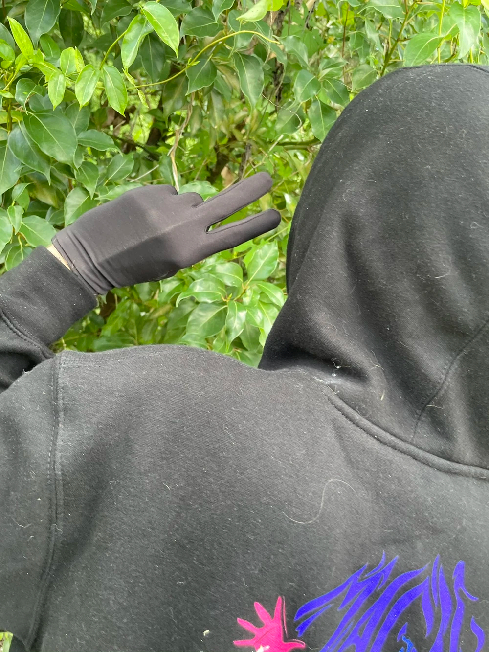 The second photo of Manatreed. He is standing, facing away from the camera in front of some foilage. He is still wearing the black hoodie and gloves, showing that there's some kind of design on it, but the camera is too high up to show what it is. He is holding two fingers up near his head, like a peace sign.