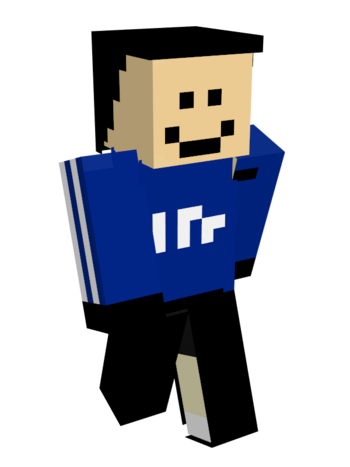 Quackity's minecraft skin. He has light skin, black hair, black eyes, a blue Adidas track sweatshirt with white stripes down the sleeves, black track pants, and black shoes. His face is simplistic and literally looks like this :].