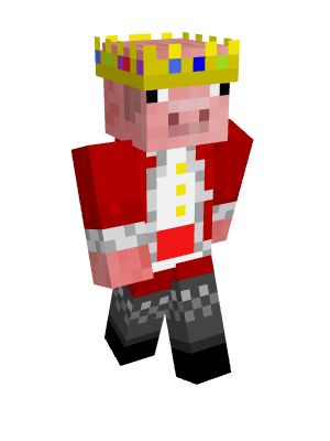 Technoblade's minecraft skin. His head is a minecraft pig's head, but he wears a red coat with white fur on the ends of the sleeves, a white undershirt with yellow buttons, a red sash, red pants, grey stockings, and black boots. On his head is a golden crown with various different gem colors in no particular order.