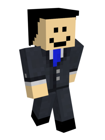 Quackity's suit skin. His face remains the same but he now wears a grey suit with a blue tie and black shoes. The blue tie is the same color as his blue Adidas jacket.