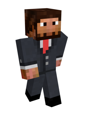 Schlatt's minecraft skin. He has dark skin, dark brown hair, a full beard, and black eyes. He wears a grey suit with a red tie and black shoes. Schlatt's skin is a recolor of TomSka's minecraft skin.