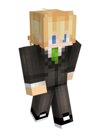 Tubbo's suit skin. His face remains the same but now he wears a grey suit with a lime green tie and black sneakers. The tie is the same color as his shirt on his casual wear skin.