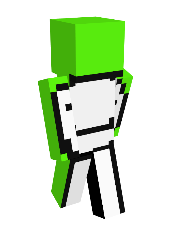 Dream's minecraft skin. The entire body is bright electric lime green save for Dream's white blob logo which is painted onto the skin without concern for body parts.