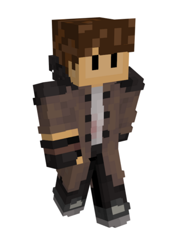 Wilbur's Pogtopia minecraft skin. His face remains the same, but he now wears a brown trench coat with darker brown shoulder pads. The coat remains unbuttoned over his grey undershirt. There appears to be a red stain on the undershirt. He also wears black jeans and black sneakers. The coat also has a black hood, which is down. Wilbur wears brown fingerless gloves.