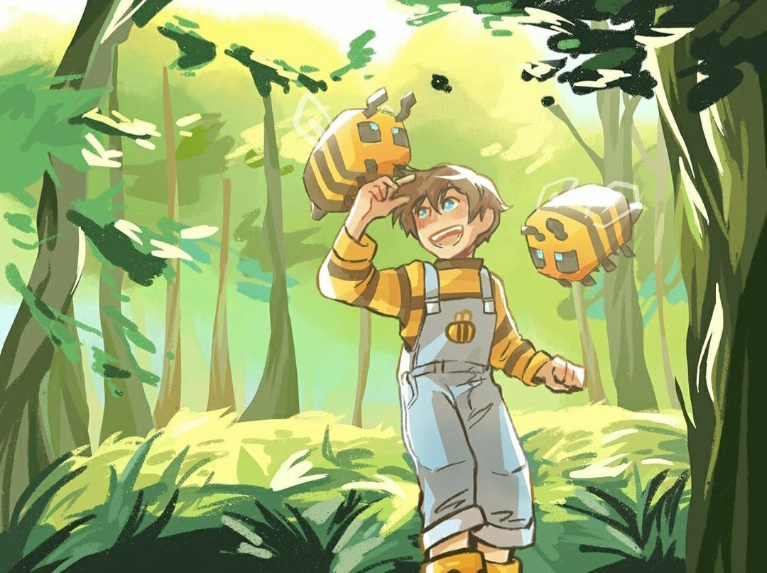 This is a drawing of Tubbo from the ankles up. He is running through a stylized version of a Minecraft forest with two minecraft bees, one above his head within arm's reach and one behind him near his shoulder. He is wearing an outfit different than his minecraft skin. Tubbo has brown hair. He wears a long-sleeved yellow and brown striped shirt that matches the bees. Over that, he wears denim overalls with a bee embroidered on the front. The overalls are cuffed above his ankles, and the tops of his yellow shoes can be seen. He is laughing and running through the forest with his right hand up, grazing the bottom of the bee above his head. The background is green scenery with no discernable plants except for the few tree trunks. Sunlight streams in from above.