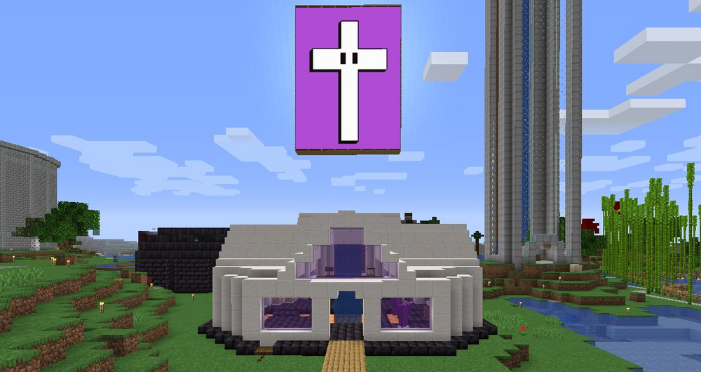 This is a screenshot of an unknown streamer's Minecraft stream. It's the Church Prime, a white quartz building with purple stained glass windows. A large fountain can be seen through the windows. It also has oak floors. A large picture is hung over the church that is the Twitch.tv logo stretched out to look like a cross. Other minecraft builds can be seen in the background like a water tower, bamboo forest, a black brick building, and a stone brick building. The prime path leads directly up to the church prime's door.