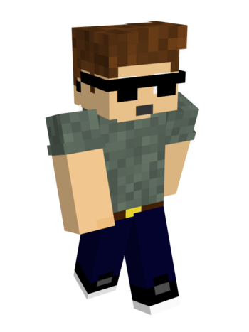 Eret's minecraft skin. They have light skin, short brown hair, sunglasses over white eyes, and a thin mouth. They are masculine presenting, wearing a grey t-shirt, blue jeans, a brown belt with a yellow belt buckle, and black shoes.