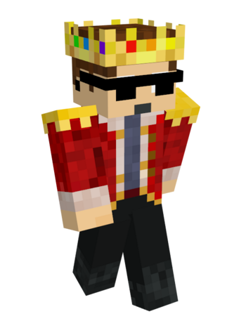 Eret's royalty minecraft skin. Their face remains the same, but now they wear a long red coat with gold trimmings with black pants and black boots. They also wear a golden crown on their head. The jewels are in a rainbow pattern.