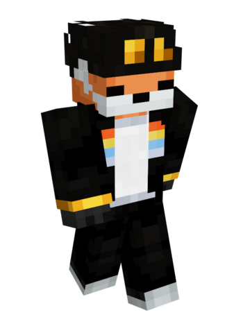 This is Fundy's Minecraft skin. He has orange and white fur to look like a minecraft fox. He has black eyes and a black nose. He wears the same outfit as Jotaro from Jojo's Bizzare Adventures. He wears a white t-shirt with a black jacket overtop. The jacket has four small stripes on the lapels, burnt orange, yellow, pastel blue, and very light grey. Yellow trimmings line the ends of his sleeves. He wears solid black pants and black and white shoes. He also wears a black leather bikers hat on his head that have two gold medallions on his brim.