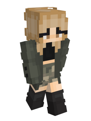 Niki's minecraft casual wear. She has light skin, hazel eyes, and long blonde hair. She wears mascara and eyeliner. For her top, she wears a black crop top with a grey cardigan over it, with a grey miniskirt and black knee-high boots.