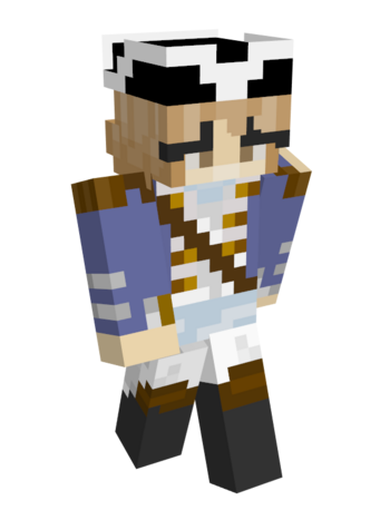 Niki's L'manberg uniform. Her face remains the same but she wears the L'manberg uniform. However, the colors are different and much more pastel-like. The dark blue is a cornflower blue, but the gold remains as bright and shiny as ever. She swaps out the red sash for a white sash around her torso.