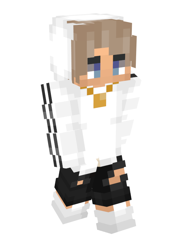 Punz's minecraft skin. They are masculine presenting with light skinned with blue eyes and blond hair. They wear a white hoodie with the hood up that has black stripes down the sleeves. They also wear a gold medallion necklace around their neck held up by a thick golden chain. They have black jeans with holes ripped in the knees over white high-top sneakers.
