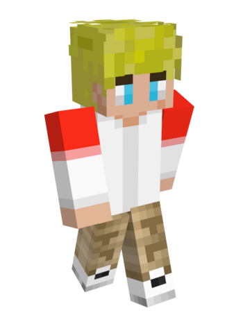 Tommy's Minecraft skin. He has light skin, blond hair, and blue eyes. He wears a red and white baseball shirt with cargo pants and white sneakers.