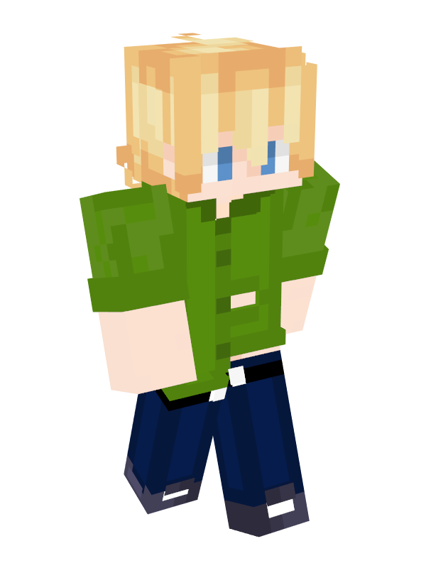 Tubbo's minecraft skin. It's Tweek from South Park. He has long, shaggy blond hair with bangs, light skin, large blue eyes, and a misbuttoned and untucked dark green dress shirt over blue jeans and grey sneakers.