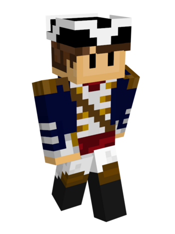 This is Wilbur's L'manberg uniform skin. His face remains the same, but he is now wearing a blue uniform that a US soldier might wear during their fight for independence against the British in the 1770s. Wilbur wears a black tricorn hat, a dark blue coat with golden shoulder trimmings, a white top with golden buttons, a red sash around his waist, and white pants tucked into knee-high boots. A brown weapons sash runs from his right shoulder to his left hip. He doesn't hold any visible weapons in it.