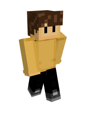 Wilbur's minecraft skin. He has light skin, brown hair with fringe, and thin black eyes. He wears a yellow sweater and black pants over grey sneakers.