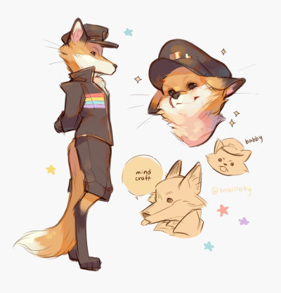 This is a compliation of several Fundy sketches next to a fully-colored and finished drawing from the same artist. The fully finished drawing shows Fundy as a realistic fox standing upright wearing the same clothes as his normal Minecraft skin. His arms are crossed behind his back, and he is looking sternly to the right of the picture. The top-right sketch of Fundy is also colored in and fully finished. It's of his head, ears tilted downwards as he smiles to someone off screen to the left of the camera. The next drawing underneath that is a sketch of Fundy's head where he is sticking out his tongue in an angry fashion. Baby is written next to his face. The final drawing underneath that one is a sketch of Fundy without his hat on and sticking his tongue out in an absentminded fashion. The text next to this face reads mind croft. Various pastel stars and diamonds decorate the space between the Fundy drawings. The background is a simple white.