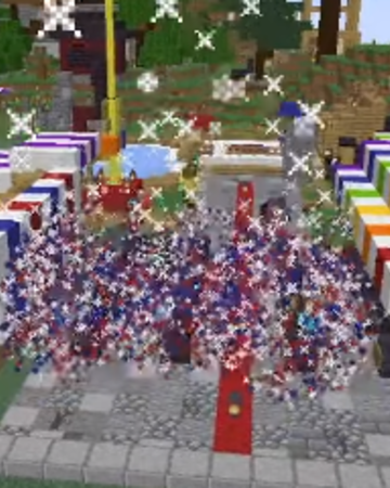 A screenshot from Techno's stream. He's standing on the Manburg stage facing the audience and firing his crossbow filled with fireworks into the audience. There are no visible players. The entire area is covered in blue, white, and red particles.