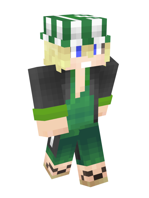 Philza's casual minecraft skin. It's Urahara from the anime Bleach. He has light skin, blue eyes, and platinum blond hair that is in his face. He wears a green and white bucket hat on his head. He is dressed in traditional Japanese attire: a black haori over a dark green Shihakushō without an undershirt. The haori has a white diamond pattern near the bottom hem. He also wears traditional wooden sandals.