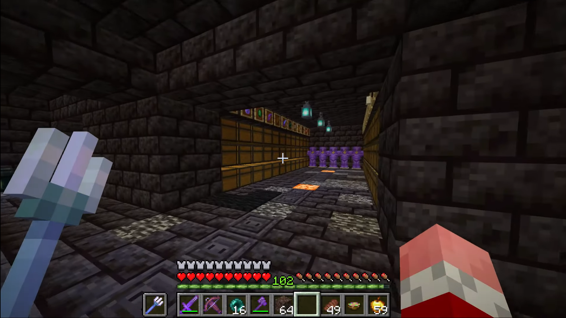 This is a screenshot of Techno's stream. He stands in his vault. It is covered floor to ceiling in black bricks. Some tiles of the floor are replaced with bedrock. A hallway of chests line the hall and five armor stands with full netherite armor sit at the end. Each column of chests are labeled with what's inside. Techno holds a trident in his right hand.