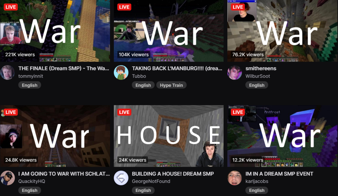 A screenshot of someone's Twitch homescreen from November 16th, 2020. It shows Tommy's, Tubbo's, Wilbur's, Quackity's, and Karl's streams, all with War written over their thumbnail and some form of fighting for L'manberg in the title. George's stream, on the otherhand, has House written on his thumbnail and his title reads Building a House on the Dream SMP.