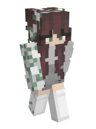 Hannah's leeched skin. It looks like her regular minecraft skin but her whole outfit is now grey, dark grey, and white. The only pop of color is her dark brown hair, her green eyes, and the green leaves from the flowers up her arm and across her hair.