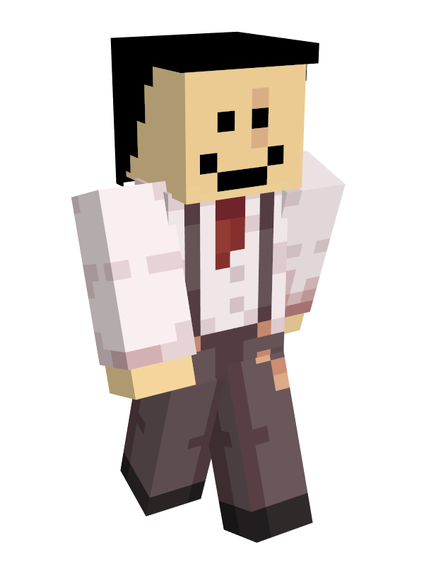 Quackity's casino skin. His face remains the same, but now there is a faded scar over his left eye. He wears a white button down shirt, a red scarf or tie around his neck, grey dress pants with suspenders and gold accents, and black dress shoes.