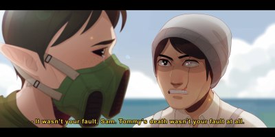 A drawing to look like a screenshot from an anime. Sam and Quackity stand on the island while yellow subtitle text at the bottom reads 'It wasn't your fault, Sam. Tommy's death wasn't your fault at all.'
