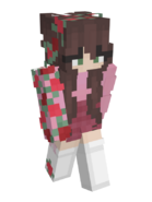 Hannah's skin. She has light skin, waist-length brown hair, and green eyes. She wears a pink sweater, a darker pink pleated skirt, and thigh-high white stockings. She has a vine of roses woven across the top of her head and down her right arm.
