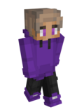 Purpled's skin. He has light skin, light blond hair, and purple eyes. He wears a purple hoodie, black pants, and purple hightops.