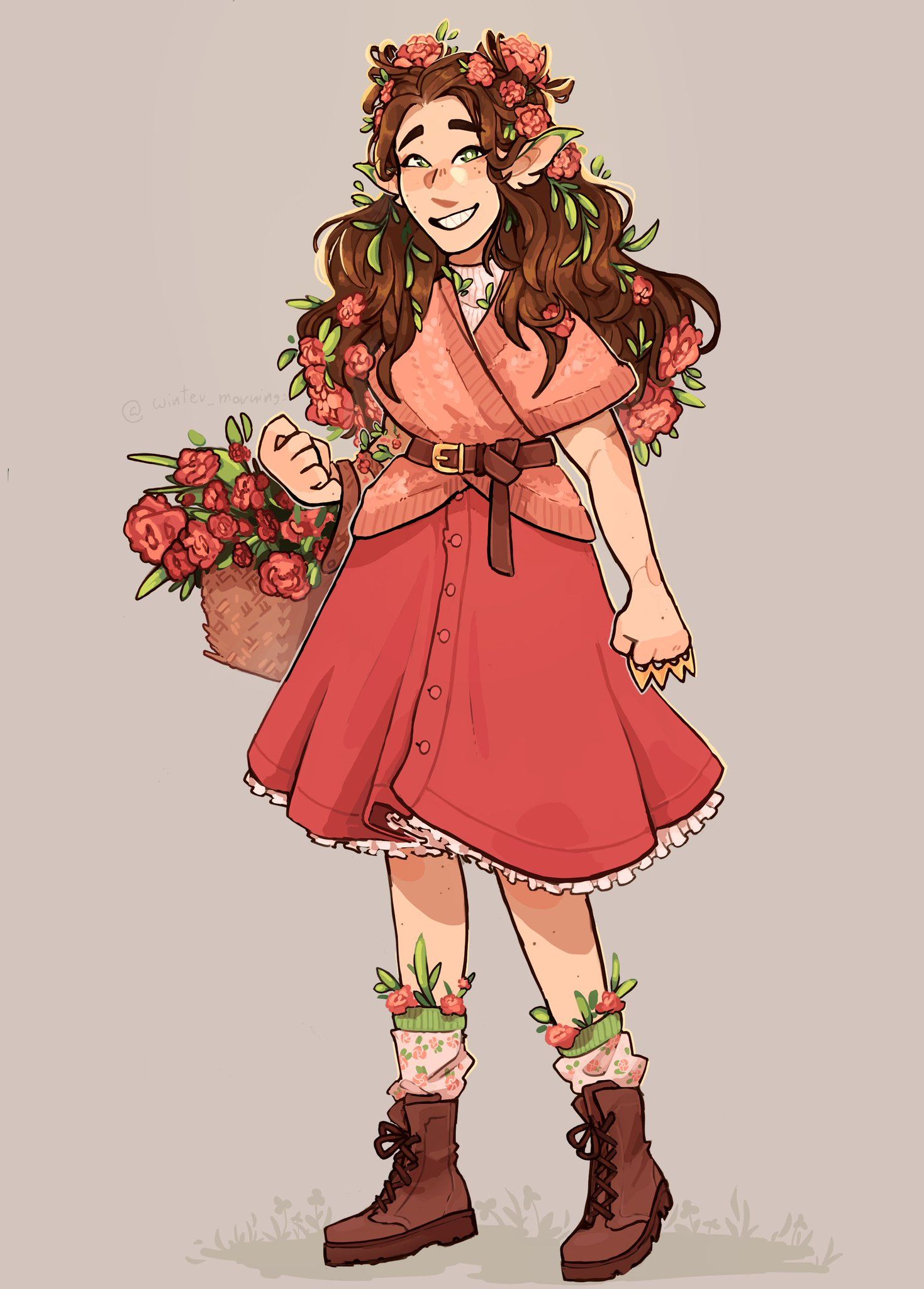 A drawing of Hannah. She's smiling for the camera, dressed in a more detailed version of her Minecrafkt skin's outfit. There's a belt around her waist, tying off her sweater. There are buttons running the length of her skirt. She wears hiking boots with tall white socks. Grass and roses stick out of her socks and hair. She's carrying a basket full of the same grass and roses. She also has elf-like ears.