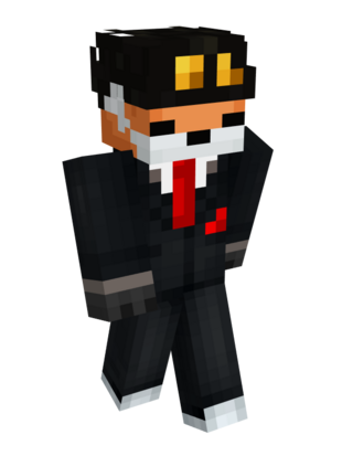 Fundy's Banquet skin. Fundy still wears his hat but has switched out his jacket and pants for a dark grey suit, red tie, and red pocket square. He also wears grey driving gloves and black and white tennis shoes.