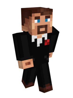 Hbomb's Banquet skin. Hbomb has swapped his usual lumberjack flannel for a more romantic-style suit, but he keeps his unshaven appearance. He wears a black suit jacket that shows a white button-up shirt that is unbuttoned and reveals his chest. He wears a rose on his lapel. He also wears dark brown loafers.