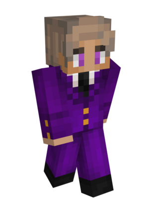 Purpled's Banquet skin. He wears a purple suit with golden buttons and cuff links over a white button-down shirt and black tie. He also wears black dress shoes.