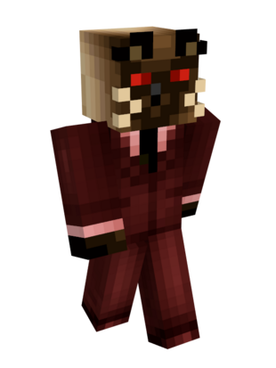 Ant's Banquet skin. His eyes are bright saturated red, easily the brightest thing on his skin. He wears a dark red suit with dark red shoes over a pink undershirt.