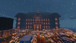 A screenshot of the Snowchester mansion. It has three stories, and many many windows. The building is huge, taking up most of the free space in Snowchester. Built out of spruce planks, spruce logs, and stone bricks, it's a lovely addition to the already existing Snowchester buildings.