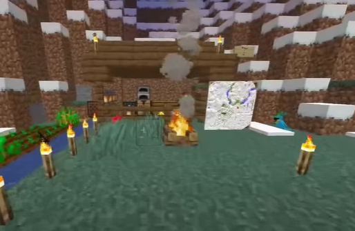 This is a screenshot from Ranboo's stream. He's dug himself a hole in the side of a hill in Techno's backyard. He has a small pen with a spruce roof that contains a few chests, a furnace, an ender chest, and a crafting table. Lanterns and torches are equally distrubuted inside. Outside the small stable-like pen, Ranboo has a map of the area put on his wall, there is a campfire sitting in the middle of the space, and a blue parrot sits. Along the left of the screenshot is a small river which wheat grows next to. The other side is lined with torches to keep it from turning to ice.