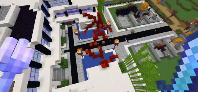 This is a screenshot from someone's stream. They stand over Bad and Skeppy's mansion. Red blocks cover the mansion like a crack in a mirror.